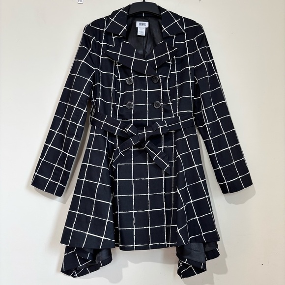 Monroe & Main Jackets & Blazers - Monroe & Main Preppy Black White Plaid Double-breasted Peplum Swing Trench Coat